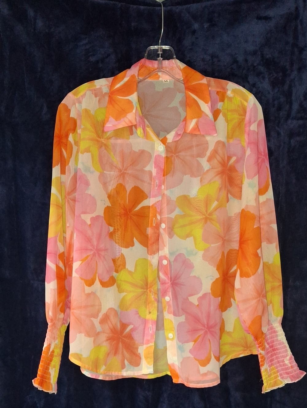 Sheer Floral Button-Up Blouse - Pink, Orange & Yellow